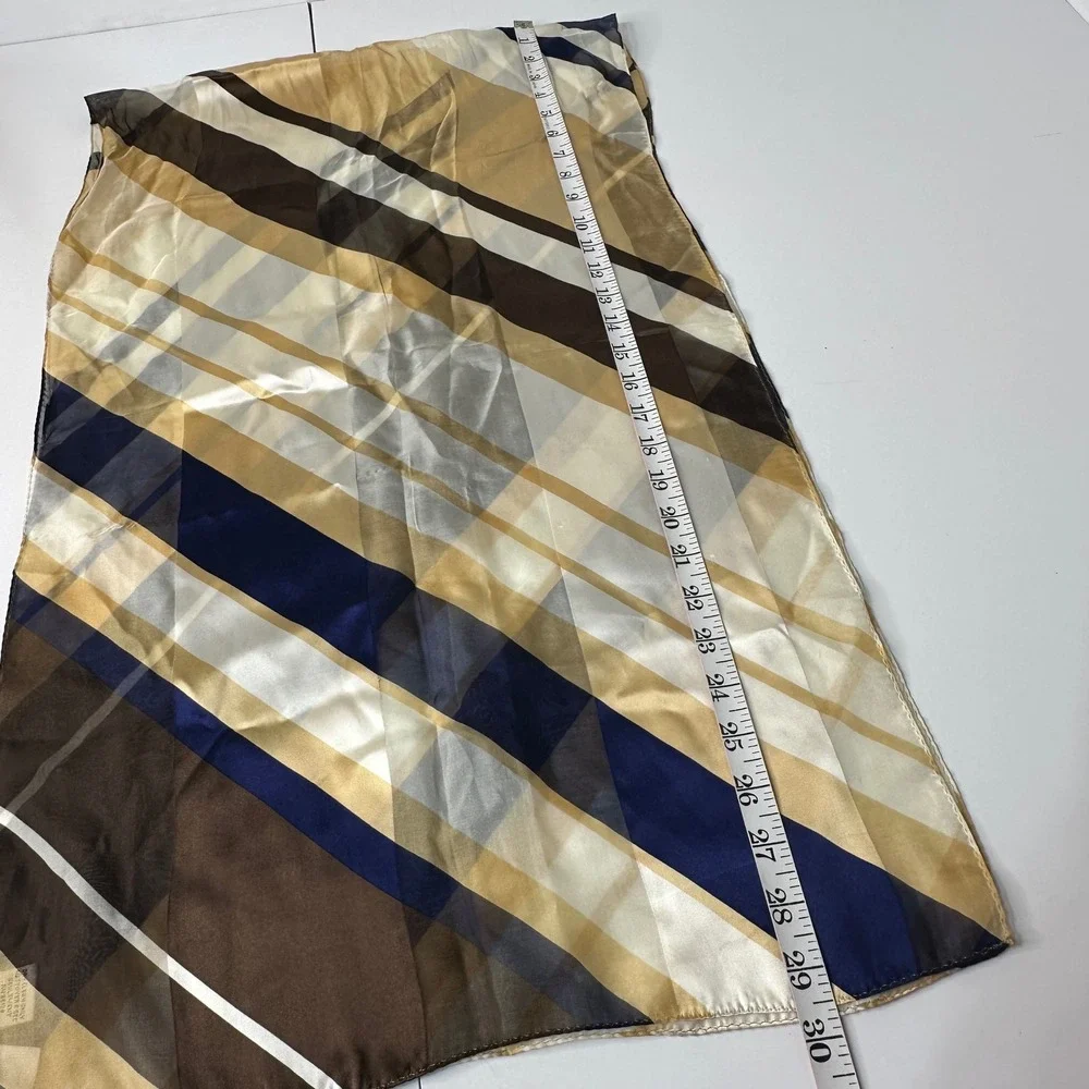 Vtg Talbots 100% Silk Long Scarf Navy Blue Gold Striped Japan Semi Sheer READ
